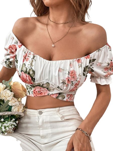 floral print off the shoulder tie back b400#, White