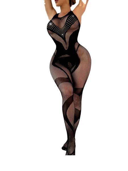 rhinestone studded mesh crotchless bodystocking r1ws#, Black;red