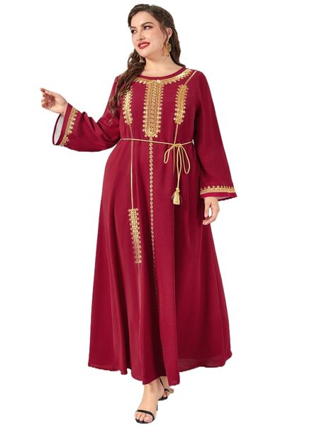 plus scroll embroidered belted tunic dress 01ib#, Black 
plus scroll embroidered belted tunic dress 01ib#, Black