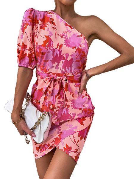 floral print belted one shoulder dress f3tq#, Black;gray
