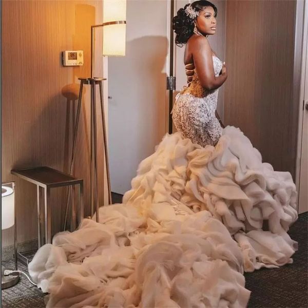 sweetheart mermaid wedding dresses lace up backless tulle lace strapless ruffles long train custom made plus size country bridal gown, White
sweetheart mermaid wedding dresses lace up backless tulle lace strapless ruffles long train custom made plus size country bridal gown, White