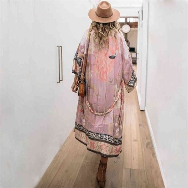100% cotton bikini cover-ups pink boho print self belted front open long kimono dress beach tunic women swim suit cover up 210319, White;black