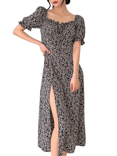 dazy ditsy floral print knot front puff sleeve split thigh dress k7n2#, Black;gray
dazy ditsy floral print knot front puff sleeve split thigh dress k7n2#, Black;gray