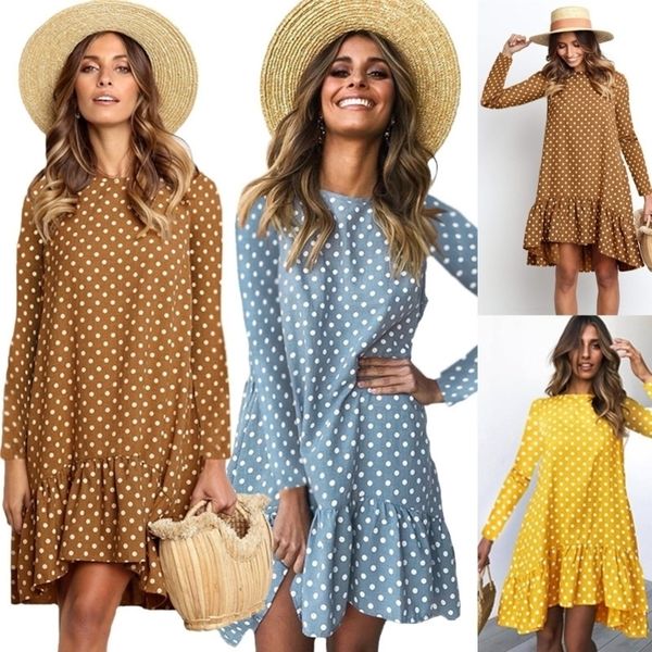 women autumn dress fashion polka dot chiffon dress boho long sleeve ruffle female casual yellow dress y200805, Black;pink
women autumn dress fashion polka dot chiffon dress boho long sleeve ruffle female casual yellow dress y200805, Black;pink