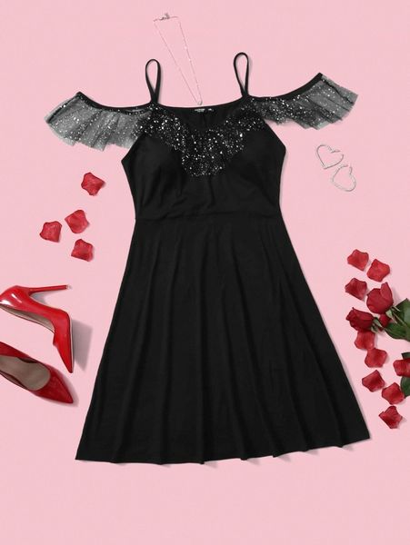 plus contrast mesh panel cold shoulder a-line dress u9cv#, Black
plus contrast mesh panel cold shoulder a-line dress u9cv#, Black