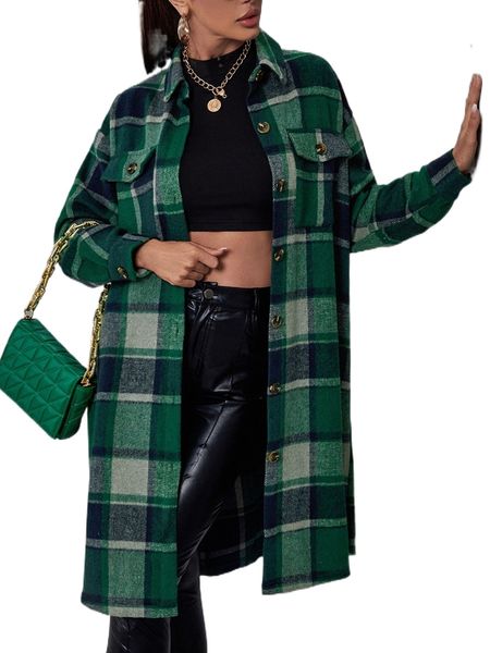 plaid flap pocket drop shoulder coat v3gc#, Black