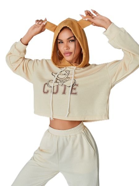 letter & cartoon print drawstring hoodie l8w1#, Black