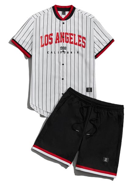 men pinstriped & letter graphic high low shirt & drawstring waist shorts p2my#, Gray
men pinstriped & letter graphic high low shirt & drawstring waist shorts p2my#, Gray