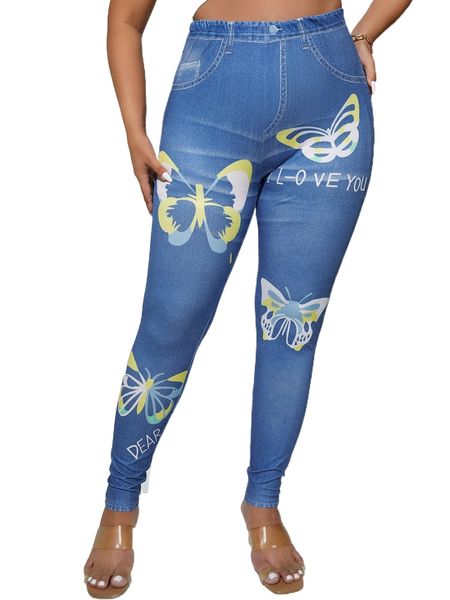 plus butterfly & slogan graphic leggings 9374#, Black 
plus butterfly & slogan graphic leggings 9374#, Black