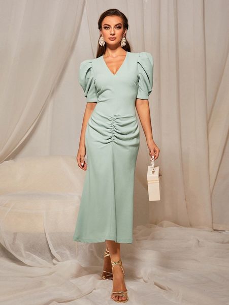 bias cut puff sleeve dress s50b#, Black;gray 
bias cut puff sleeve dress s50b#, Black;gray