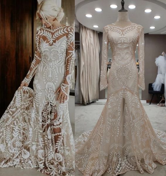 real work bohemian mermaid wedding dresses long sleeve champagne lining sheer neck beach backless country bridal gowns, White
real work bohemian mermaid wedding dresses long sleeve champagne lining sheer neck beach backless country bridal gowns, White