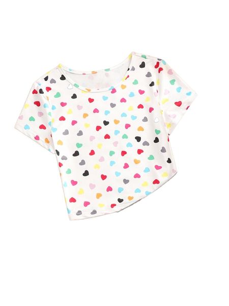 allover heart print round neck tee 39ci#, White 
allover heart print round neck tee 39ci#, White