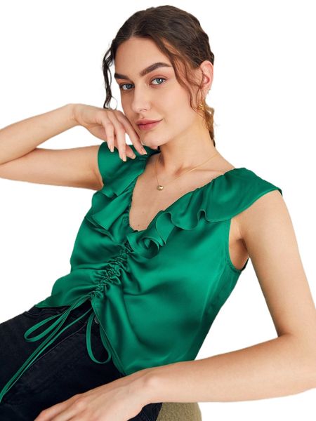 ruffle trim drawstring front blouse q6tq#, White 
ruffle trim drawstring front blouse q6tq#, White