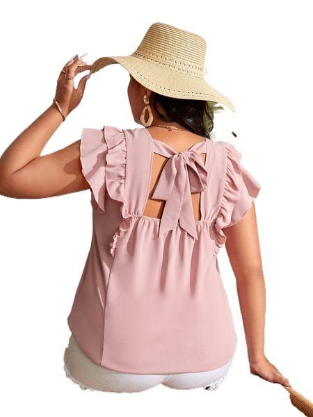 plus layered ruffle trim tie back blouse 25hp#, Black 
plus layered ruffle trim tie back blouse 25hp#, Black