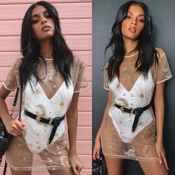 party dresses women's clothes bikini cover up dress mesh see-through star printed sequins o-neck short sleeve mini, White;black
party dresses women's clothes bikini cover up dress mesh see-through star printed sequins o-neck short sleeve mini, White;black