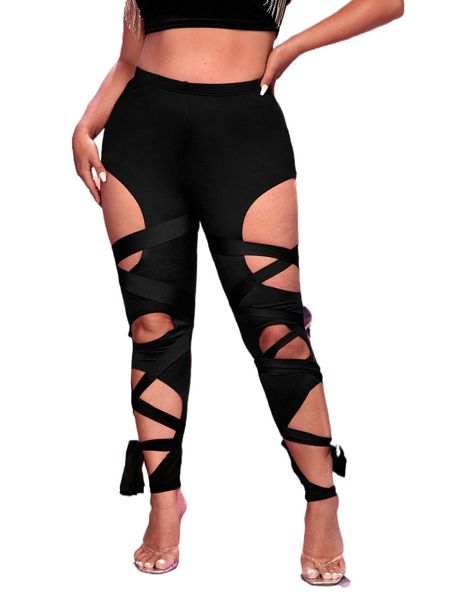 plus lace up front cut out leggings 44qn#, Black