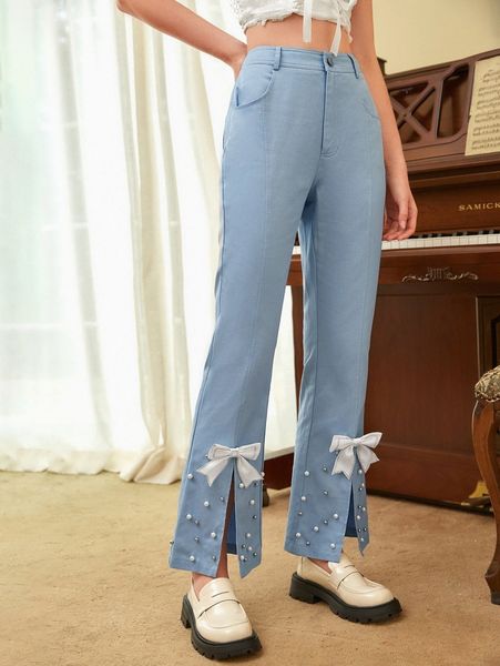 mod bow front pearls beaded split hem flare leg pants i4zm#, Black;white 
mod bow front pearls beaded split hem flare leg pants i4zm#, Black;white