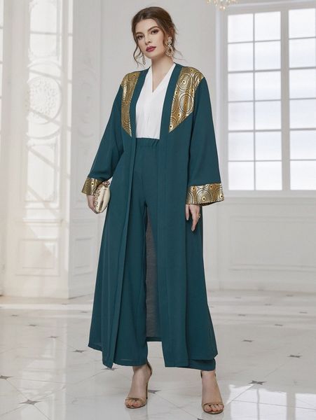 gold geo print open front coat & wide leg pants o3hp#, White