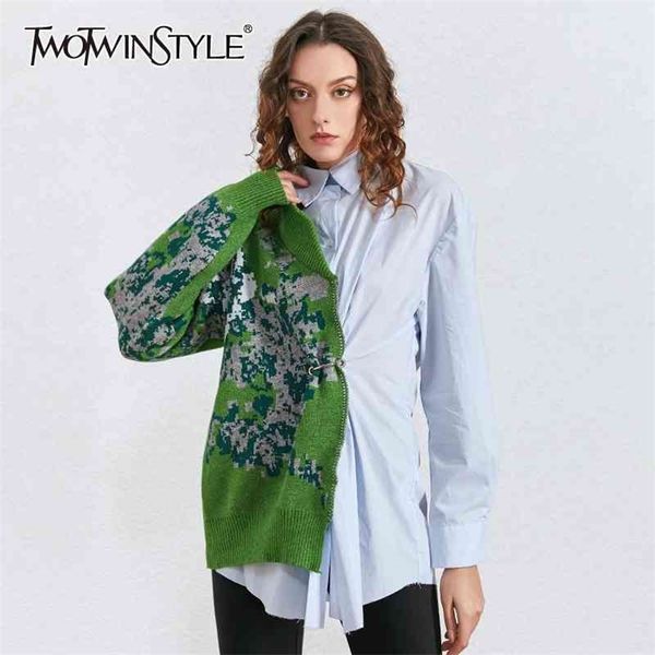 twotwinstyle patchwork hit color kitting shirts female lapel collar long sleeve high waist tunic irregular blouses women fashion 210326, White
twotwinstyle patchwork hit color kitting shirts female lapel collar long sleeve high waist tunic irregular blouses women fashion 210326, White