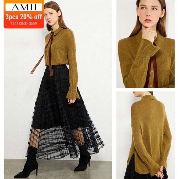 amii minimalism autumn winter women s sweater causal ruffle sleeve solid lapel women pullover female sweater lj201113, White;black
amii minimalism autumn winter women s sweater causal ruffle sleeve solid lapel women pullover female sweater lj201113, White;black