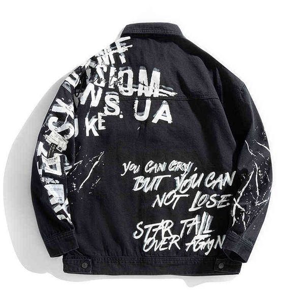 men letters printed denim jacket loose painted black cotton jean coat casual outerwear y220803, Black;brown
men letters printed denim jacket loose painted black cotton jean coat casual outerwear y220803, Black;brown