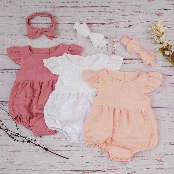 new cotton baby girl overalls double gauze ruffle sleeve romper jumpsuits for newborns cute white baby toddlers infant roupas g220510, Blue