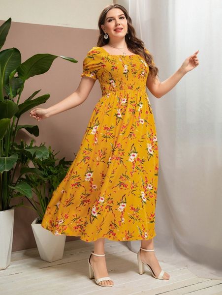 plus floral print shirred puff sleeve dress r9xs#, Black