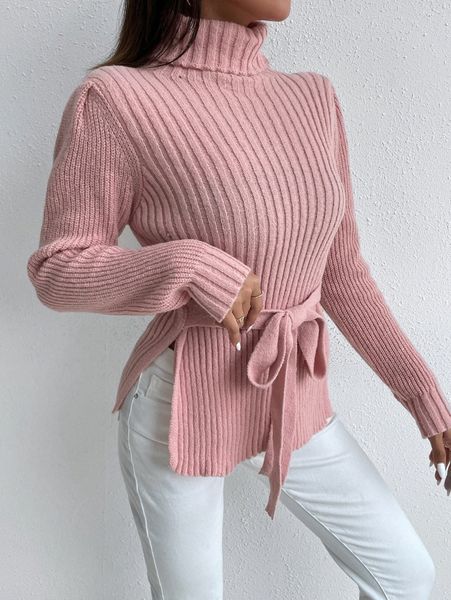 turtleneck split hem knot front sweater c38v#, White;black