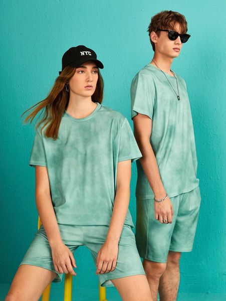 1pc tie dye tee & 1pc slant pockets shorts a03e#, Gray
