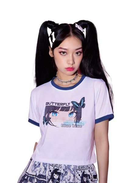 romwe anime figure print ringer tee 06ex#, White 
romwe anime figure print ringer tee 06ex#, White