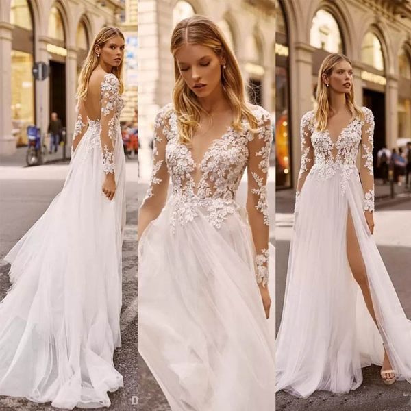 v neck applique beading wedding dresses thigh-high slits illusion long sleeve bridal dresses pregnant elegant beach gown, White
v neck applique beading wedding dresses thigh-high slits illusion long sleeve bridal dresses pregnant elegant beach gown, White