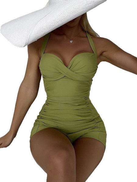 plain ruched twist push up one piece swimsuit e43y#, White;black
