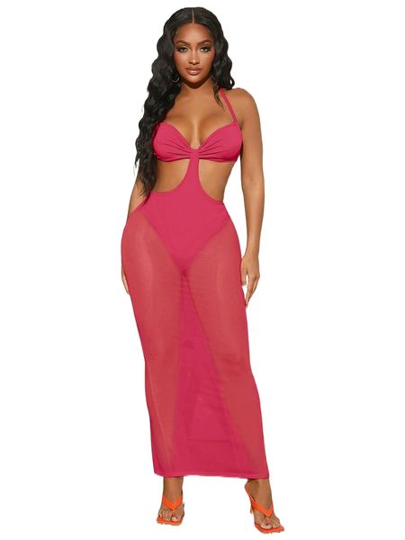 sxy ruched bust tie backless split hem panty insert halter mesh dress u9h4#, Black;gray 
sxy ruched bust tie backless split hem panty insert halter mesh dress u9h4#, Black;gray