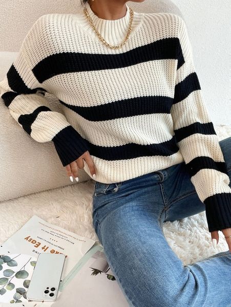 striped pattern drop shoulder sweater t94g#, White;black