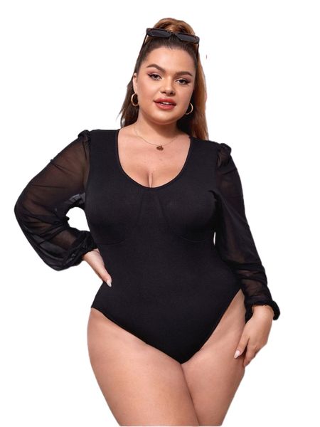 plus contrast mesh sleeve bodysuit w93q#, Black