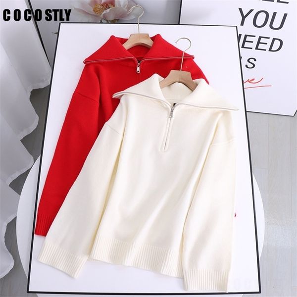 red solid women zipper turtleneck knitted sweater sweet long sleeve loose ladies casual pullovers sueter jumper 220817, White;black
red solid women zipper turtleneck knitted sweater sweet long sleeve loose ladies casual pullovers sueter jumper 220817, White;black