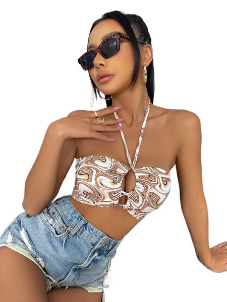 marble print lace up two way crop v0bg#, White