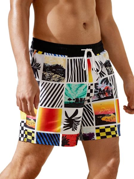men patchwork print drawstring waist shorts w4aa#, White;black