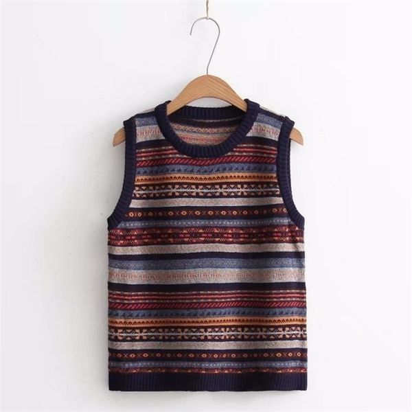 autumn winter fashion national wind knitted vest women loose striped round neck sleeveless sweater female basic knitwear 201202, White;black