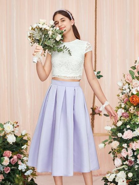 teen girls lace & fold pleated skirt she, White