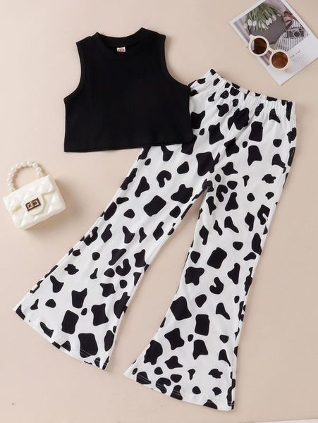 girls solid tank & cow print flare leg pants she, White 
girls solid tank & cow print flare leg pants she, White