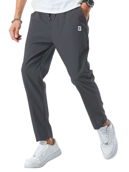 men patched slant pocket drawstring pants w7ci#, Black