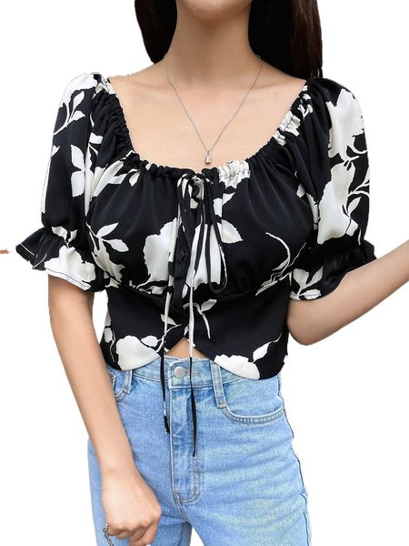 dazy floral print puff sleeve knot front blouse e2ta#, White
dazy floral print puff sleeve knot front blouse e2ta#, White