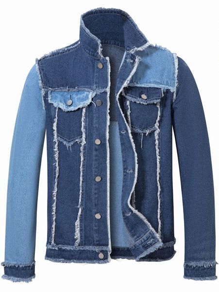 men color block raw hem denim jacket v0rw#, Black;brown 
men color block raw hem denim jacket v0rw#, Black;brown