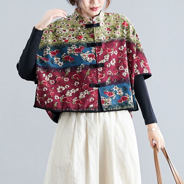 johnature autumn irregular plate buckle floral print stand women coat fashion retro allmatch comfortable female coats 201029, Black;brown
johnature autumn irregular plate buckle floral print stand women coat fashion retro allmatch comfortable female coats 201029, Black;brown