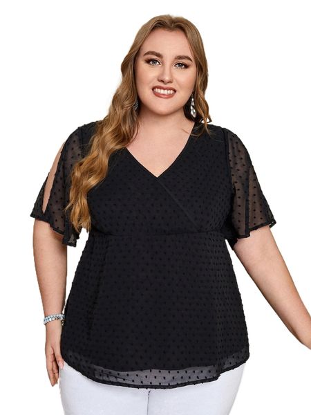 emery rose plus surplice neck split flutter sleeve swiss dot chiffon z0pn#, Black