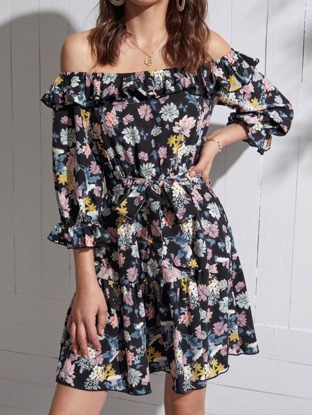 floral print ruffle hem bardot dress 250a#, Black;gray