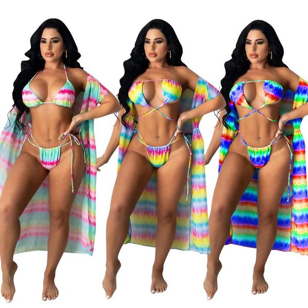 women's swimwear color fashion print cape + bandage bikini 2022 summer women's beach style three piece bathing suit set, White;black
women's swimwear color fashion print cape + bandage bikini 2022 summer women's beach style three piece bathing suit set, White;black