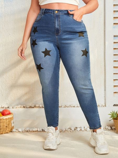 plus high waist star print skinny jeans v0en#, Blue 
plus high waist star print skinny jeans v0en#, Blue