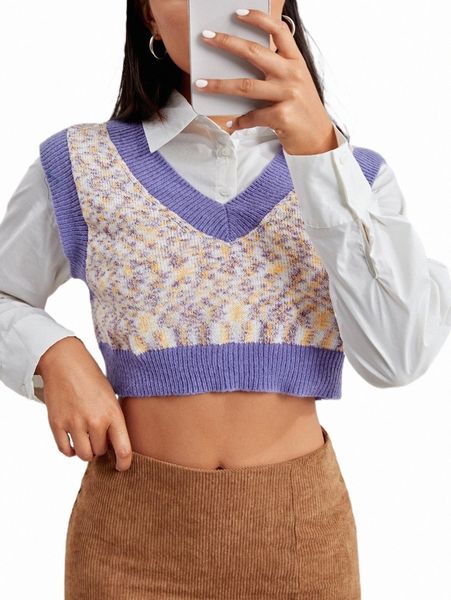 1pc space dye contrast trim crop sweater vest h4y1#, White;black